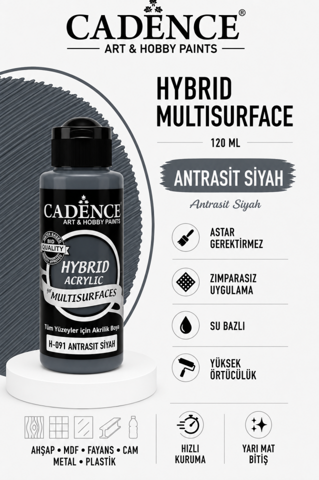 Cadence Hybrid Multisurface H-091 Antrasit Siyah Akrilik Boya 120 ml