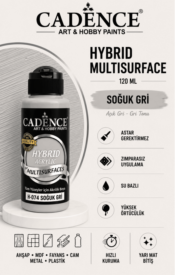 Cadence Hybrid Multisurface H-074 Soğuk Gri Akrilik Boya 120ML