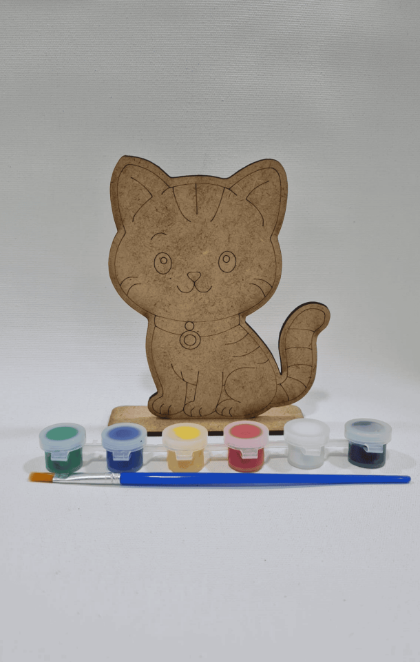 3mm MDF Lazer Kesim Kedi Figürlü Ahşap Boyama Seti (14x11 cm)