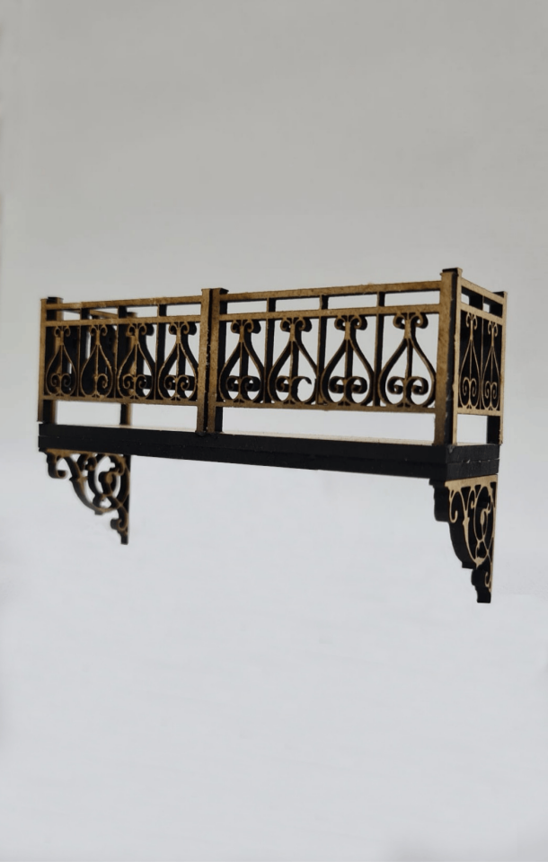 Ferforje Desenli Minyatür Balkon Diorama - 3mm MDF Lazer Kesim (10x3x6.1 cm)