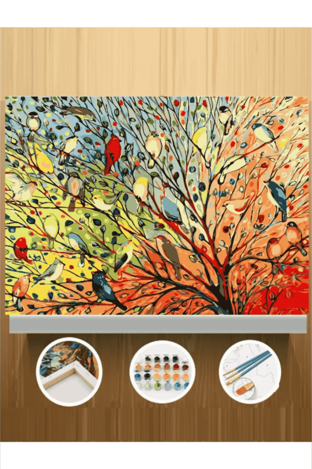 Sonbahar Ağaç ve Kuşlar Sayılarla Boyama Seti 30*40cm