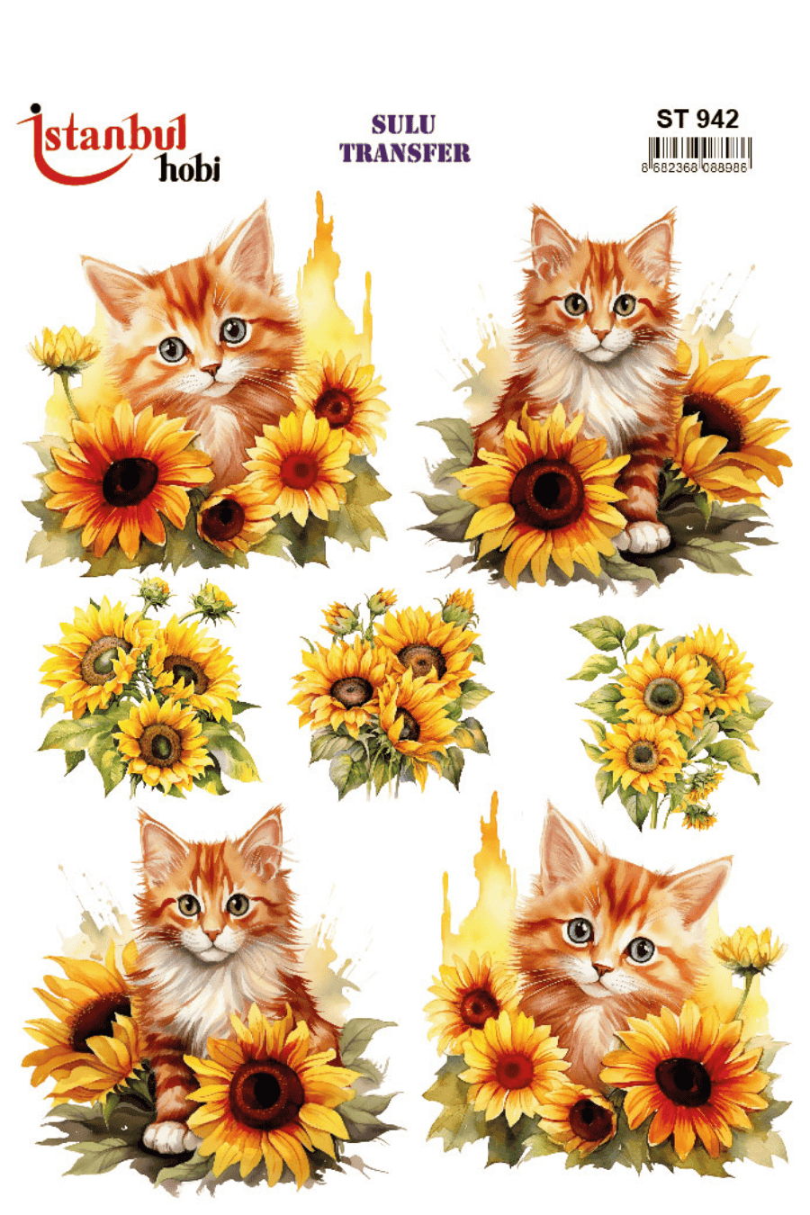 Renkli Kedi Ayçiçek Desenli Sulu Transfer ST942