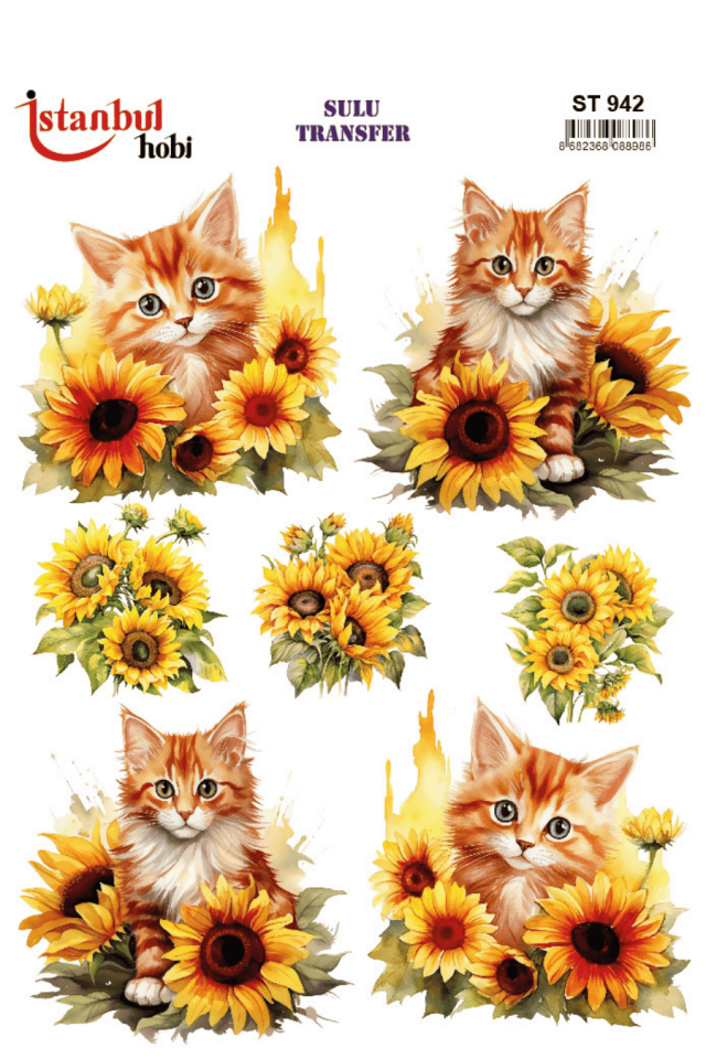 Renkli Kedi Ayçiçek Desenli Sulu Transfer ST942