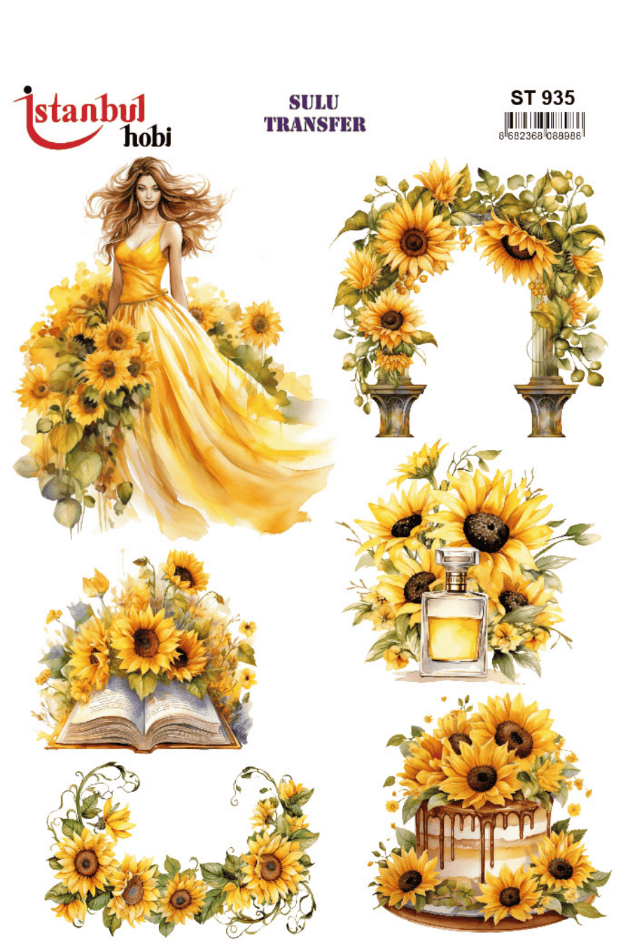 Renkli Kadın Kitap Ayçiçek Desenli Sulu Transfer ST935