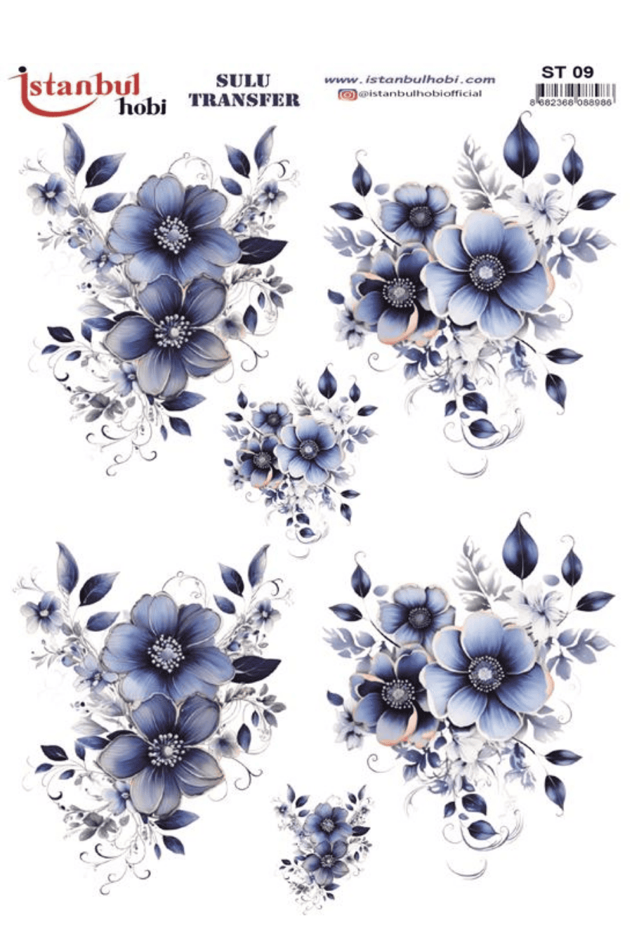 Blue Blanc Çiçek Dal Desenli Sulu Transfer ST09