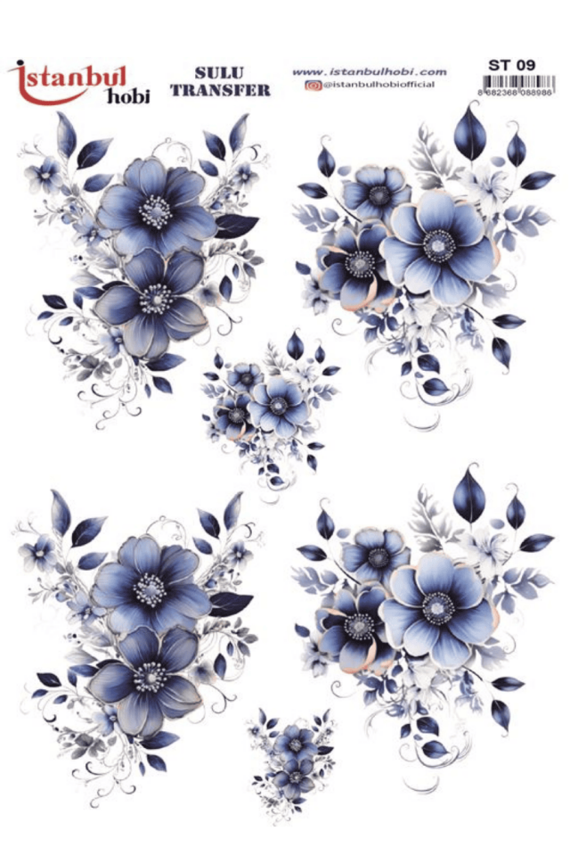 Blue Blanc Çiçek Dal Desenli Sulu Transfer ST09