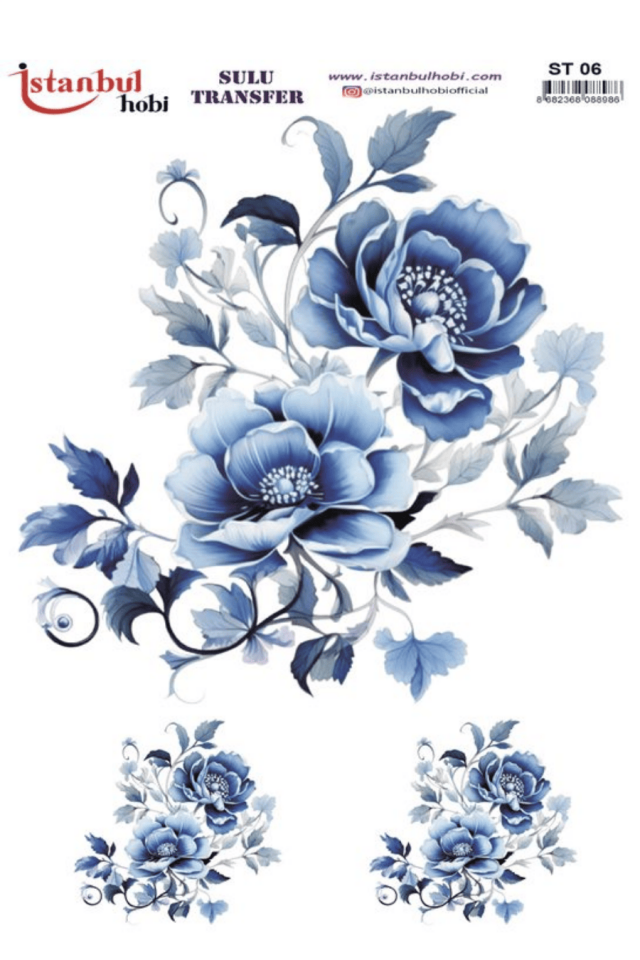Blue Blanc Çiçek Dal Desenli Sulu Transfer ST06