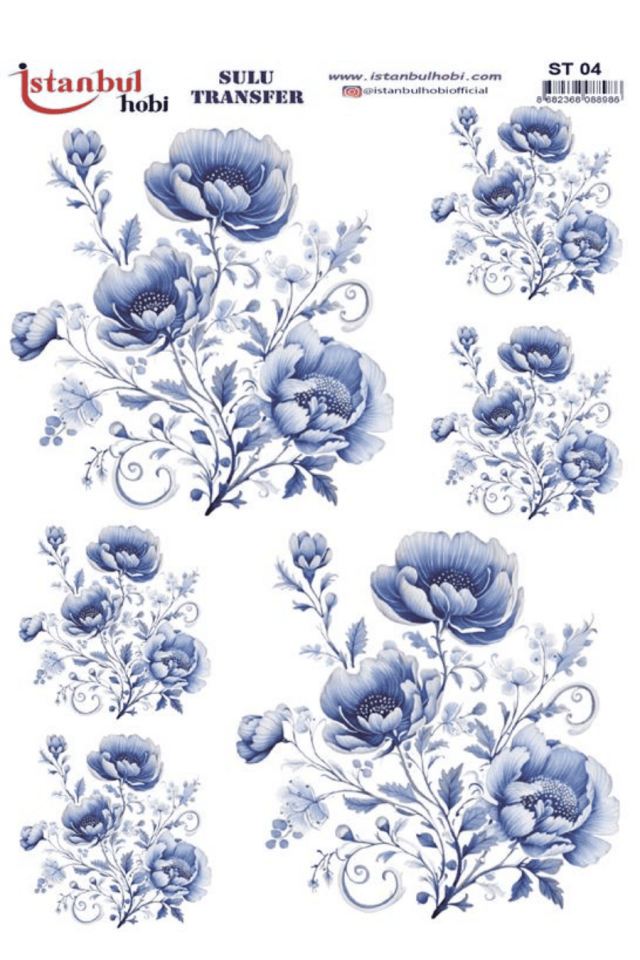 Blue Blanc Çiçek Dal Desenli Sulu Transfer ST04