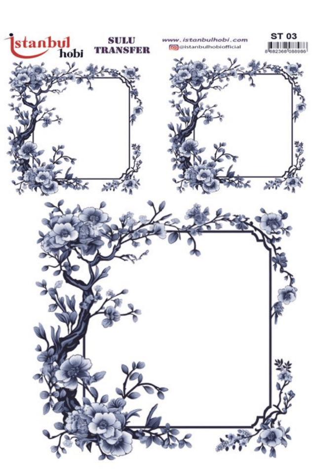 Blue Blanc Çiçek Çerçeve Desenli Sulu Transfer ST03
