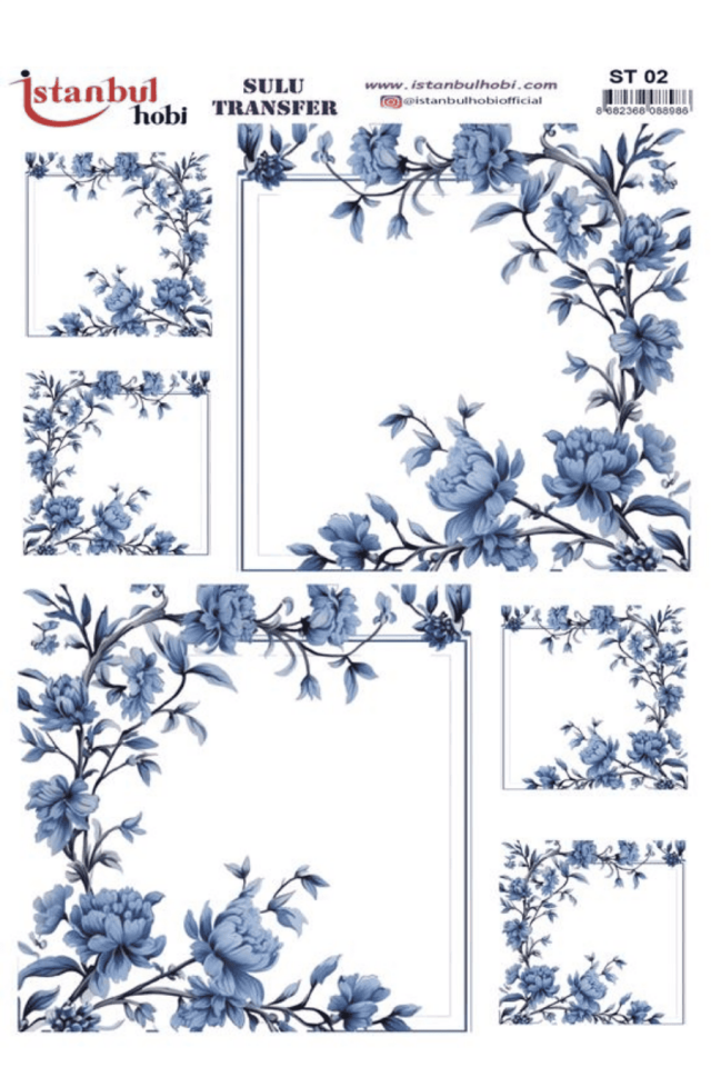 Blue Blanc Çiçek Çerçeve Desenli Sulu Transfer ST02