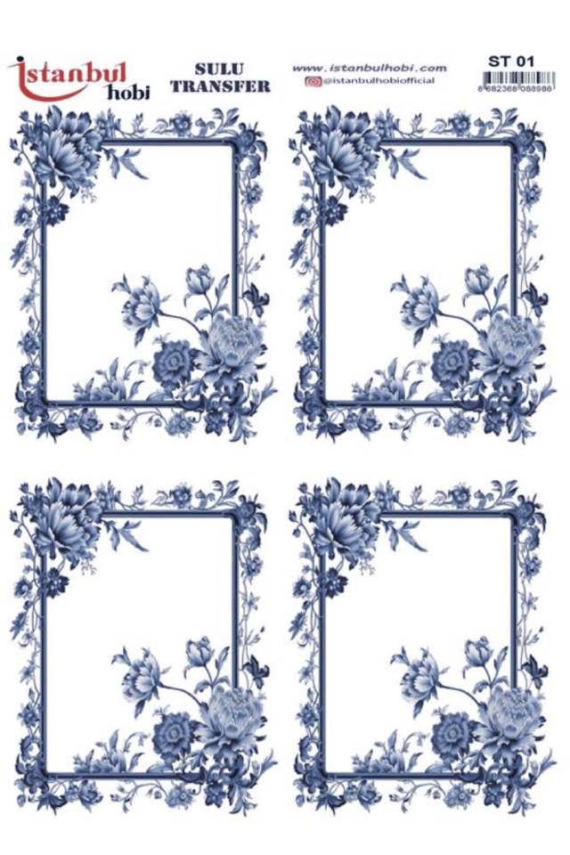 Blue Blanc Çiçek Çerçeve Desenli Sulu Transfer ST01